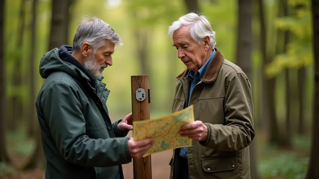 Seniorzy oglądają mapę szlaku przy drewnianym pomniku w Puszczy Kampinoskiej