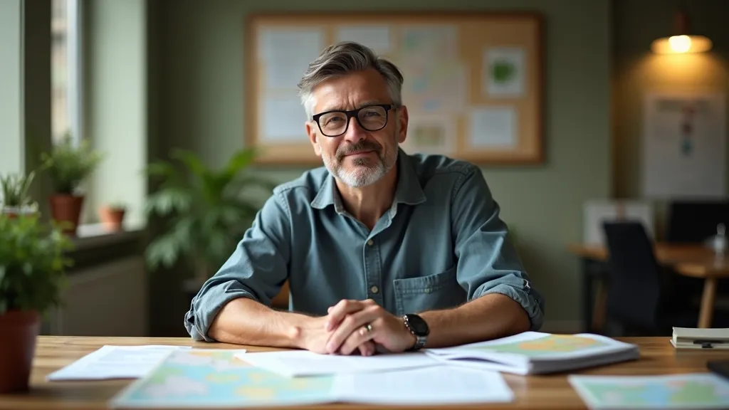 Krzysztof Sobczak pracujący przy biurku z materiałami edukacyjnymi dotyczącymi szlaków przyrodniczych