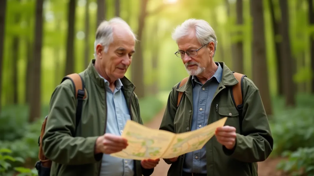Seniorzy patrzą na mapę szlaku w lesie, planując trasę spaceru po Kampinowskim Parku