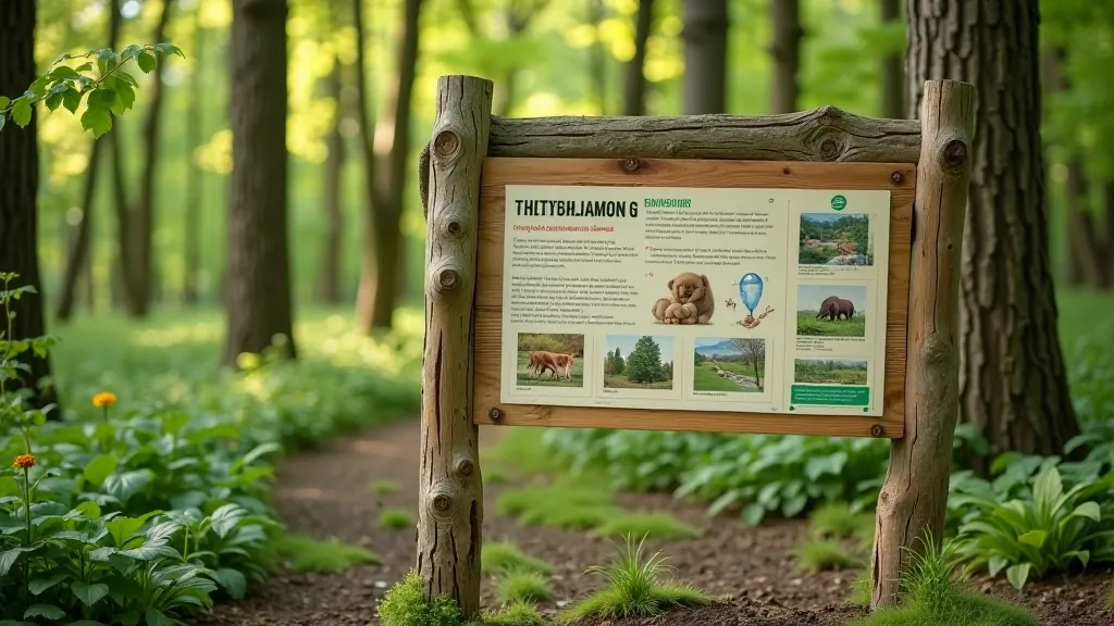 Tablica informacyjna w lesie opisująca gatunki ptaków i roślin w Kampinowskim Parku Narodowym
